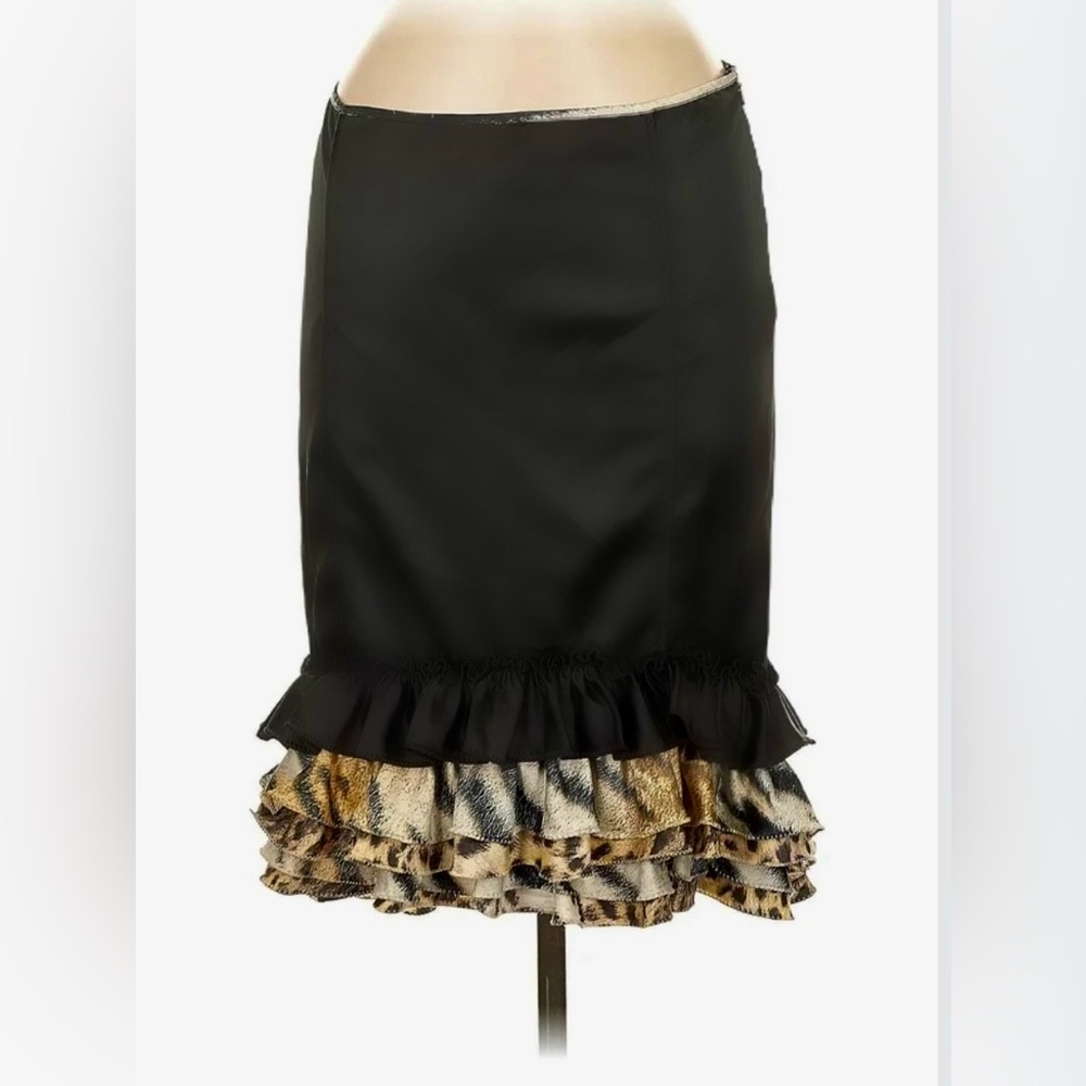 NWOT! Roberto Cavalli Black Skirt with Animal Print Ruffle IT42 ( US6).
